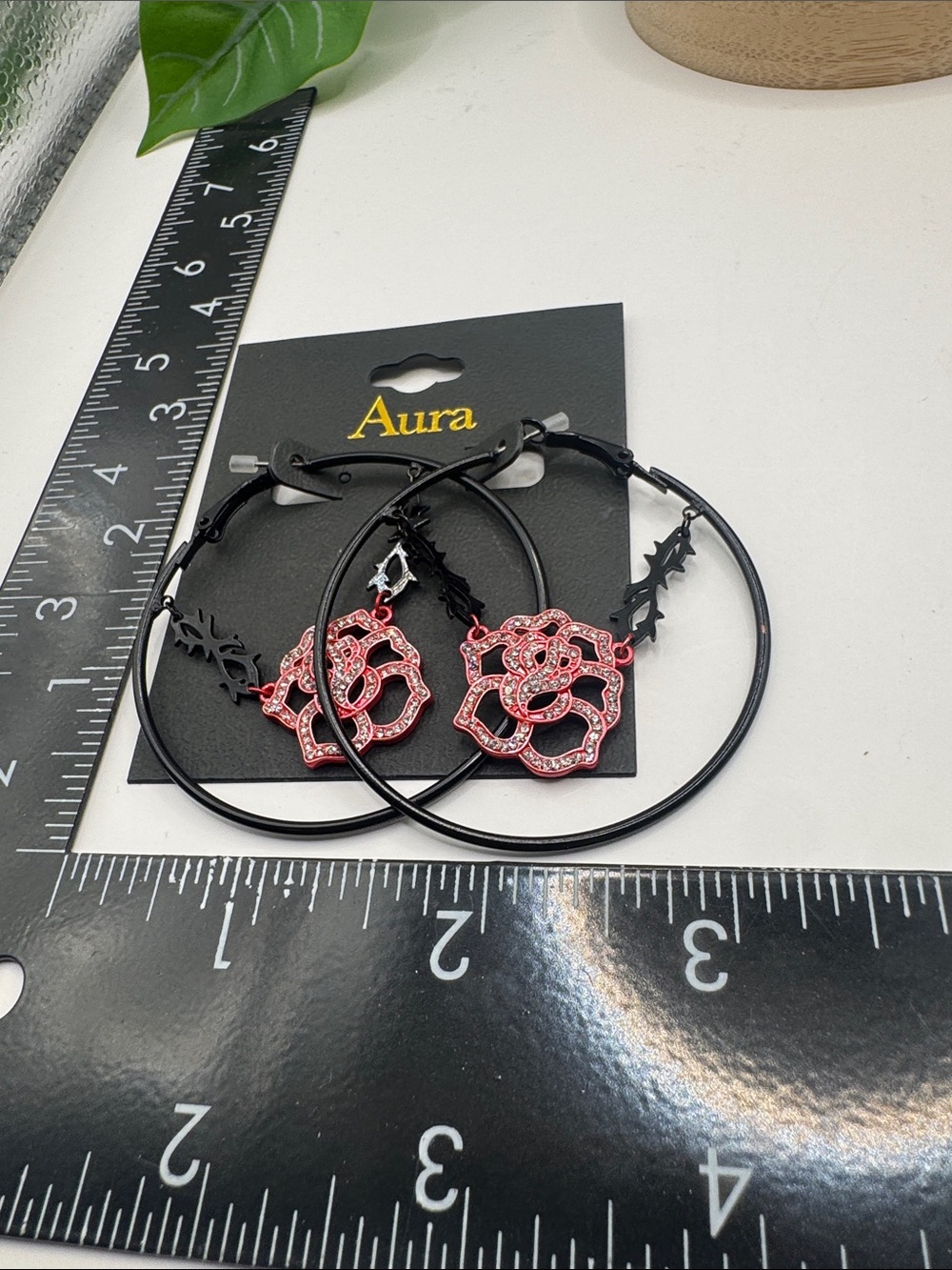 Aura Oversized Black Hoop & Red Rhinestone Rose Earrings (BR1010/3) - Picture 4 of 6